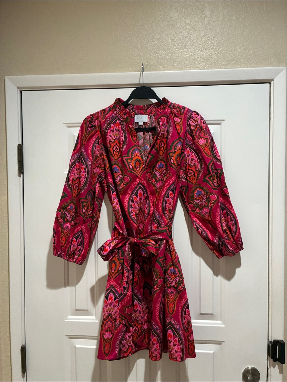 Sugarlips Fuchsia cotton Paisley tie waist  Mini Dress with pockets